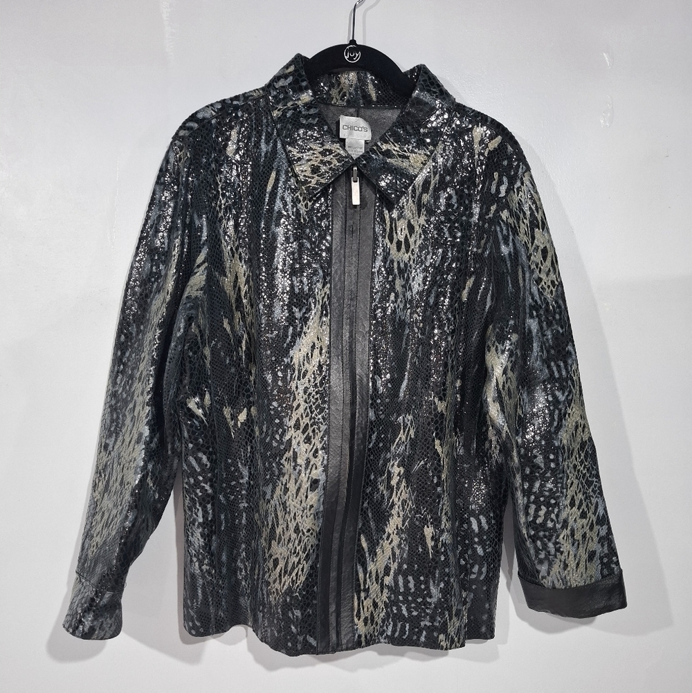 Chicos Leather Jacket Womens 2 L Black Snake Print Metallic Reversible Full Zip